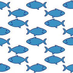 Blue fish on a white background. Doodle style. Seamless background with hand drawn animals, underwater life . Silhouettes and contours, vector illustration