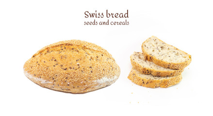 Swiss bread from seeds and cereals handmade flax seeds sesame sunflower pumpkin oat flakes isolated white background