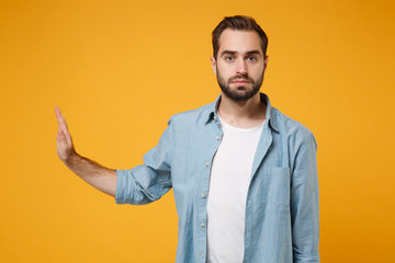 Young bearded man in casual blue shirt posing isolated on yellow orange wall background, studio...