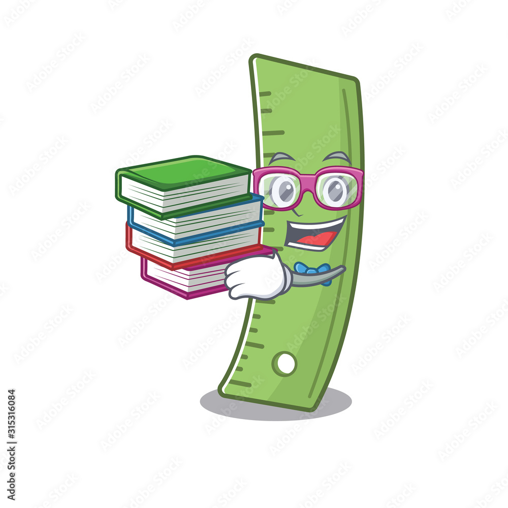 Poster cool and clever student ruler mascot cartoon with book