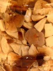 Tasty brown pickled mushrooms in a glass jar close up, homemade pickles