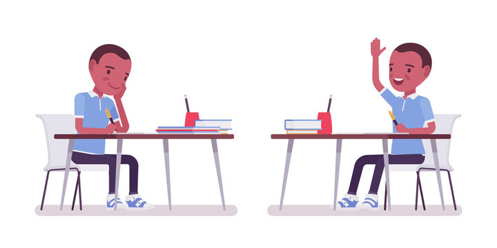 Black school boy in casual wear studying at the desk, raise hand to speak. Cute small guy, active young kid, smart elementary pupil aged between 7, 9 year old. Vector flat style cartoon illustration