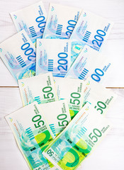 Israely Shekel money bills collection background.