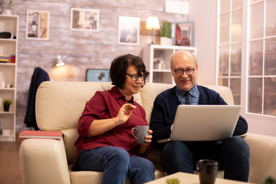 Elderly old couple using modern laptop to chat with their grandson
