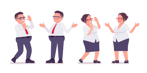 Fat male, female clerk, negative emotion. Sad heavy middle age business people, office manager, civil service worker, typical employee plus size formal wear. Vector flat style cartoon illustration