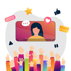 Cartoon internet blogger media content and many hands like it. Influencer filming video blog. Vector illustration