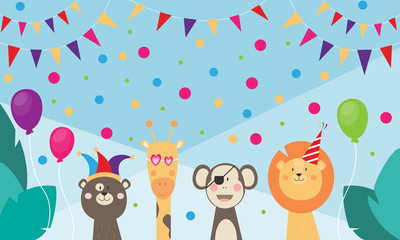 Karneval, Geburtstag, Kindergeburtstag - Banner mit wilden Tieren, die feiern und verkleidet sind, Dschungel	
