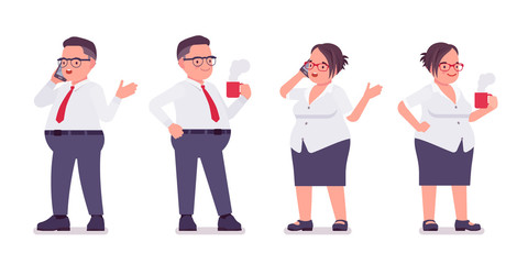 Fat male, female clerk stand with mug, phone. Heavy middle age business people, office manager, civil service worker, typical employee in plus size formal wear. Vector flat style cartoon illustration