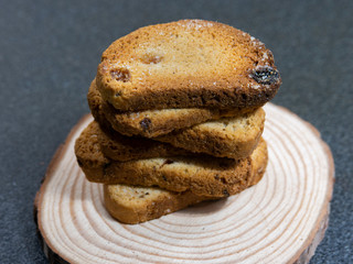 sweet bread crackers are on a wooden stand