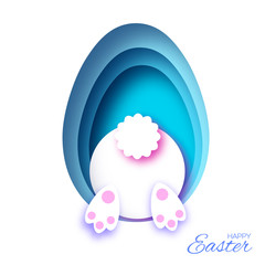 White Easter Rabbit. in paper cut style. Bunny booty. Egg layered frame. Blue.