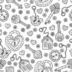 Hand drawn doodle lock, trinkets and keys - Vector Vintage Seamless pattern. Black and white