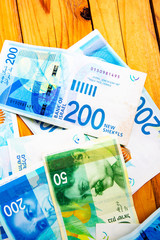 Israely Shekel money bills collection background.