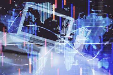 Multi exposure of business theme icons and work space with computer background. Concept of success.