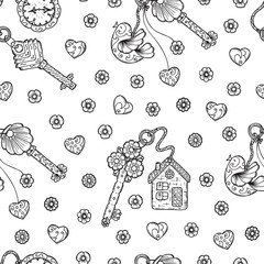 Hand drawn doodle lock, trinkets and keys - Vector Vintage Seamless pattern. Black and white