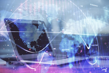 Multi exposure of business theme icons and work space with computer background. Concept of success.