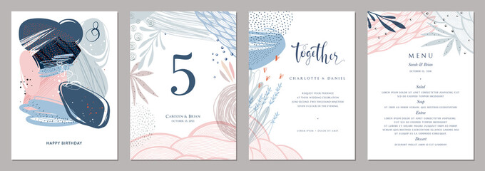 Invitation, menu, table number card design. Floral wedding templates. Good for birthday, bridal and baby shower. - obrazy, fototapety, plakaty