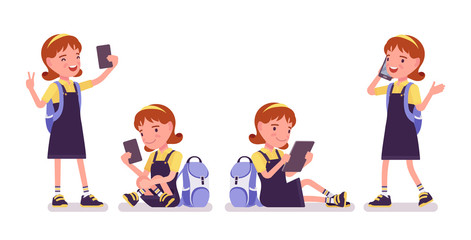 School girl with gadgets, phone, tablet. Cute small lady in a pretty pinafore dress with rucksack, active young kid, elementary pupil aged between 7, 9 year old. Vector flat style cartoon illustration