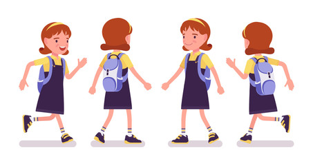 School girl running. Cute small lady in pretty pinafore dress with rucksack, active young kid, smart elementary pupil aged between 7, 9 years old. Vector flat style cartoon illustration, front, rear