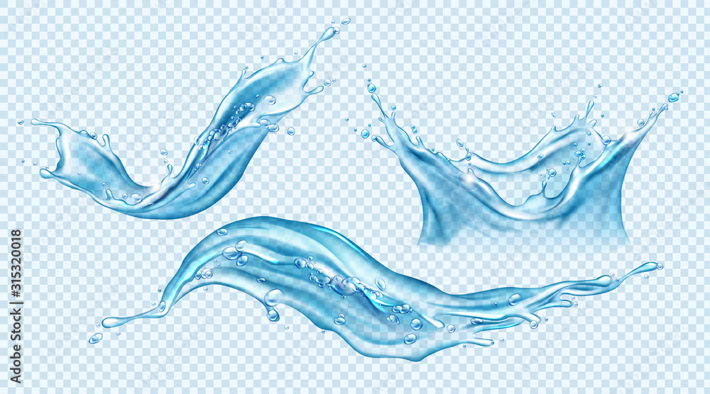 Poster water splash set. aqua liquid in shape of crown and dynamic motion elements with spray droplets side