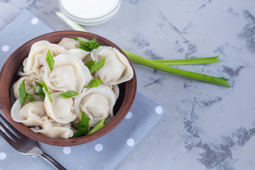 Boiled dumplings with feathers of green onions. In the background is a bowl with sour cream. On a gray background under concrete.