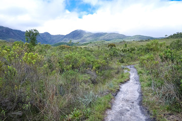 Hiking trail through the mountainous and green landscape of Caraca natural park, Minas Gerais, Brazil