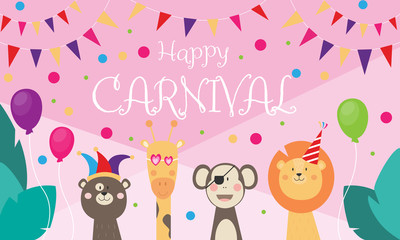 Happy Carnival - Banner mit wilden Tieren, die feiern und verkleidet sind, Dschungel	