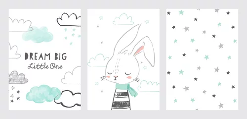 Fototapeten Set of cute baby shower cards or nursery posters. Hand drawn bunny, clouds, stars, phrase dream big little one. Vector illustrations for invitations, greeting cards, posters © mgdrachal