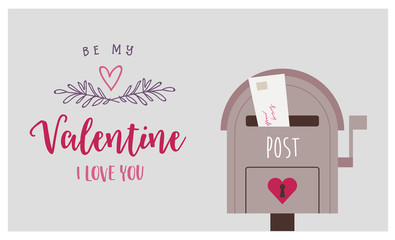 Valentine s day greeting card with post box and love letter. Cute vector illustration in flat style with lettering