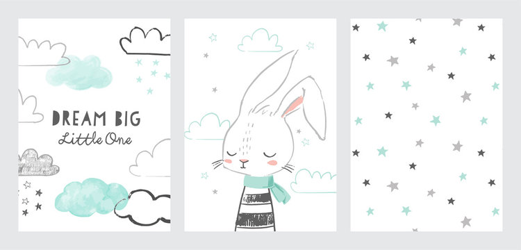 Set Of Cute Baby Shower Cards Or Nursery Posters. Hand Drawn Bunny, Clouds, Stars, Phrase Dream Big Little One. Vector Illustrations For Invitations, Greeting Cards, Posters