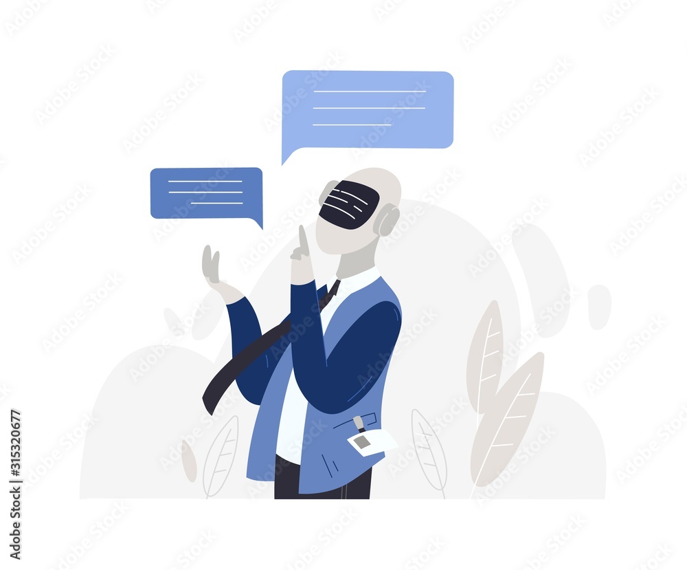 Poster Male character robot with artificial intelligence isolated on white background. Chatting with chatbot android, dialogue with electronic cartoon guy. Technical support flat vector illustration.