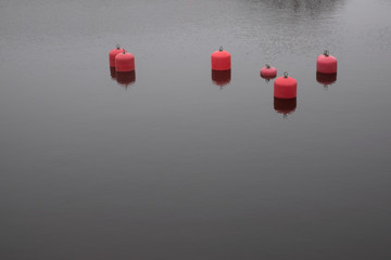 Several red buoys in the sea calm water