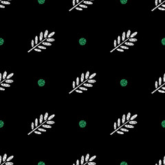 seamless silver glitter leaf stamp with green dot glitter pattern on black background