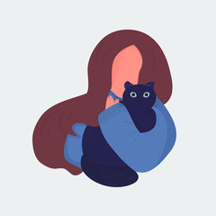 Cute young girl in a blue sweater with dark hair gently hugs a fat black cat. Vector. The concept of love for animals. Flat cartoon style. Isolated on white background