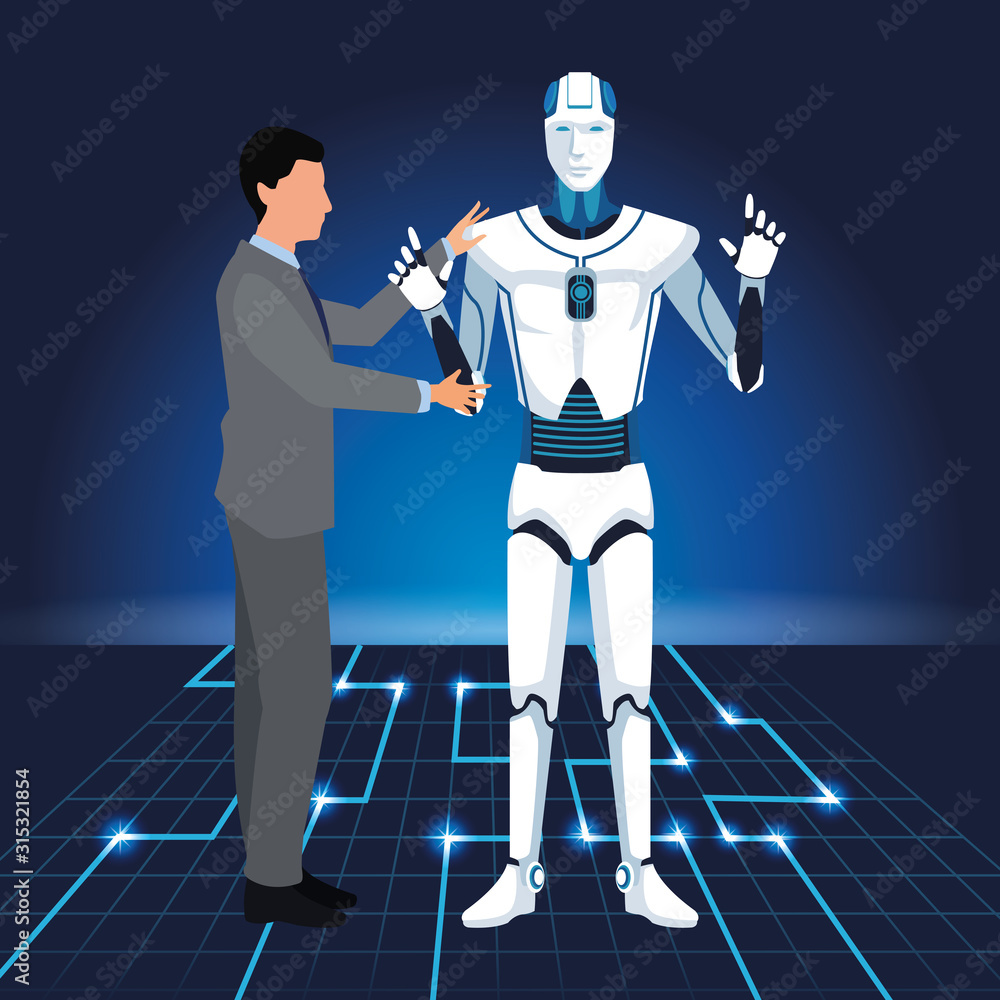 Poster artificial intelligence technology man programing cyborg