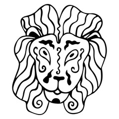 Black and white lion head in ethnic style. Isolated portrait of a king of beasts. Coloring book, logo, tattoo, print. Hand drawing. Vector.