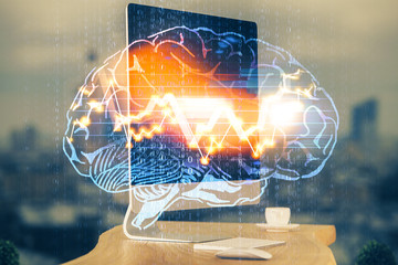 Double exposure of table with computer and brain hologram. Data innovation concept.