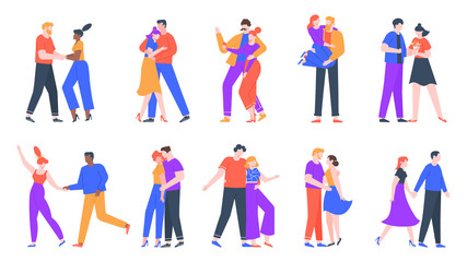 Young romantic couples in love. Happy boyfriend and girlfriend romantic date. Dancing, taking selfies and decided to get married couples. Lovely isolated vector illustration icons set