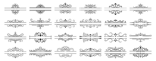Calligraphic dividers. Decorative retro page divider borders, wedding calligraphic frame and ornamental swirls floral frames. Elegant royal ornamentation vintage vector isolated icons set