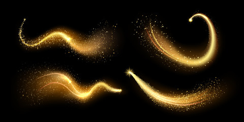 Magical gold sparkles dust. Golden lighting sparkle trail, glittering shiny magic textured path. Glowing stardust wave, glitter spark or magical starry light isolated vector illustration set - obrazy, fototapety, plakaty