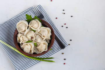 Boiled dumplings with feathers of green onions. In the background are greens, red peppers and bay leaves. In a transparent bowl sour cream.
