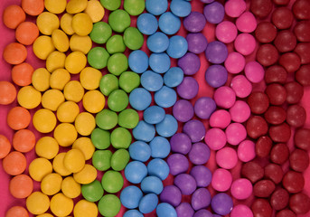 Colorful candies texture background stock images. Stack of colorful candies stock images. Rainbow colorful candy coated chocolate pieces. Mix of candies top view