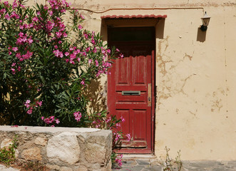 Fototapeta na wymiar Old wooden door and flowers. Stone wall of house with front entrance. Architecture of building.