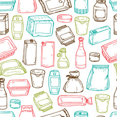 Product packaging Vector Seamless Pattern. Food and drink Packing. Hand Drawn doodle: cans and bottles, plastic boxes, cardboard and paper package blank objects