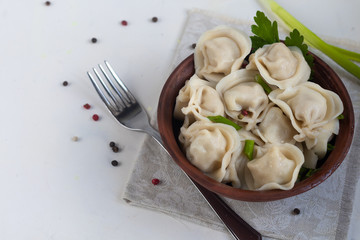 Boiled dumplings with feathers of green onions. In the background are greens, red peppers and bay leaves. In a transparent bowl sour cream.