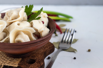 Boiled dumplings with feathers of green onions. In the background are greens, red peppers and bay leaves. In a transparent bowl sour cream.