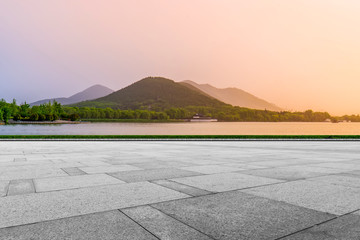 Empty Plaza Floor Bricks and Beautiful Natural Landscape