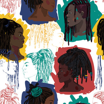Seamless pattern with portraits of beautiful African American men and women with dreadlocks in profile. Vector illustration in sketch style