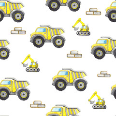 Watercolor construction machinery seamless pattern with truck, excavator, concrete mixer, road roller, forklift, truck crane, scrapper, Builder, drill, construction tools. Children's cars