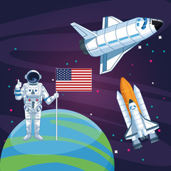 astronaut with american flag planet rocketship spacecraft space exploration