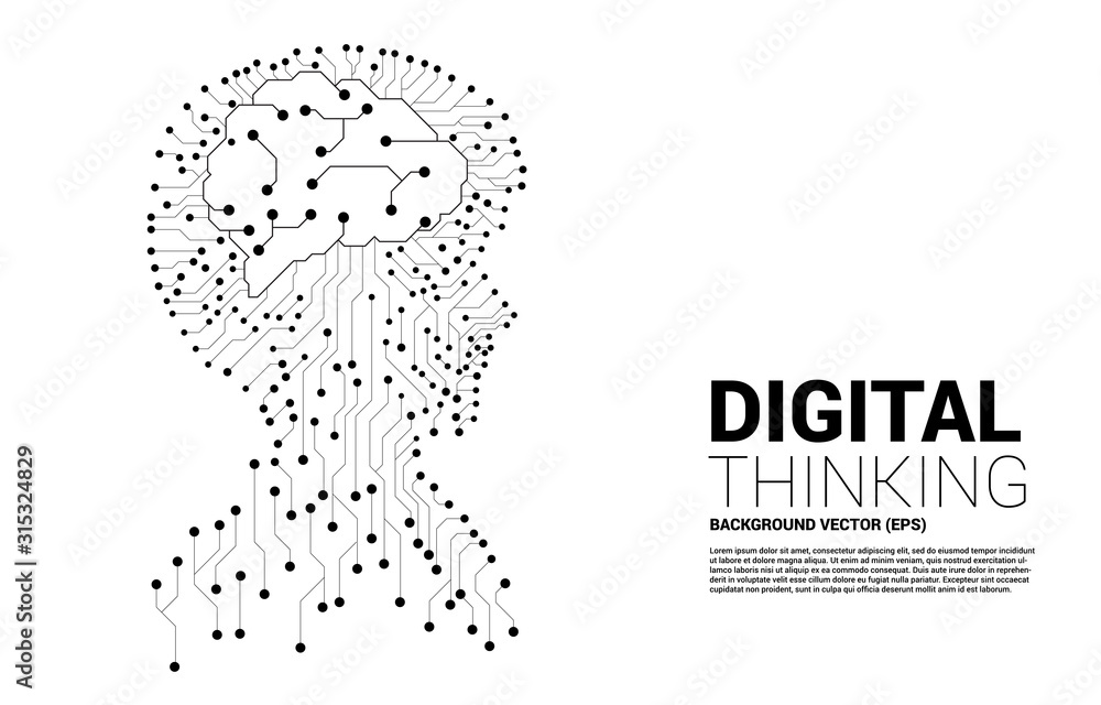 Poster Vector silhouette of man head from dot connect line circuit board style with brain . Concept background human digital future technology and artificial intelligence.